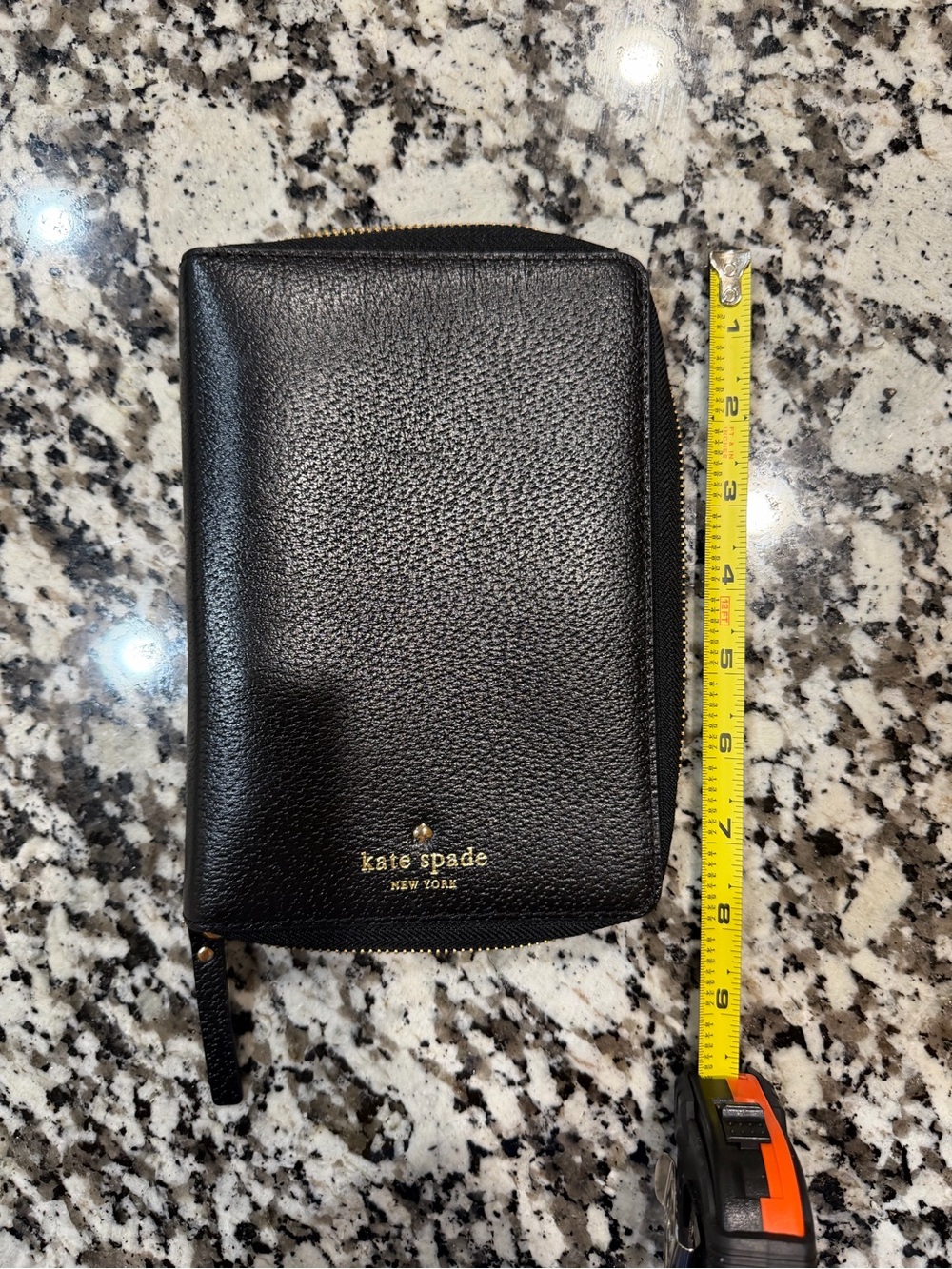 kate spade Black Pebbled Leather Zip Wallet with Gold Logo